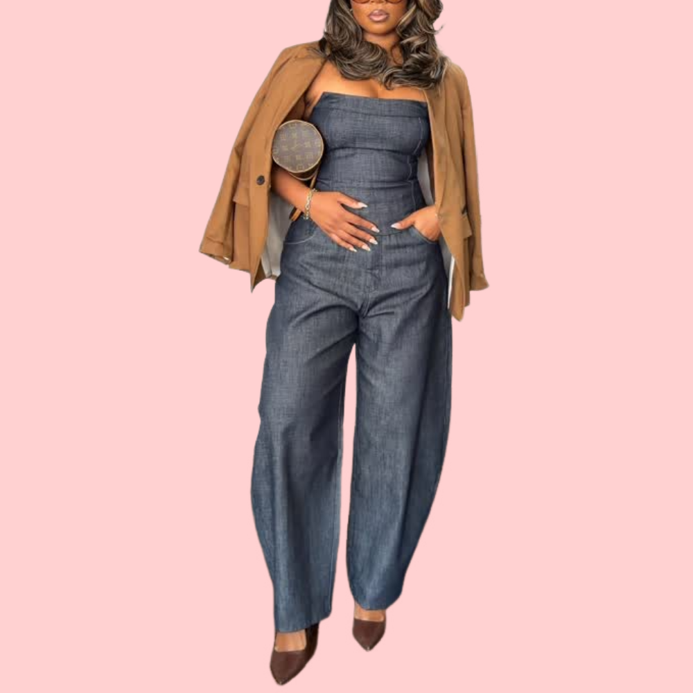 Denim Crop Top & Wide-Leg Pants Set
