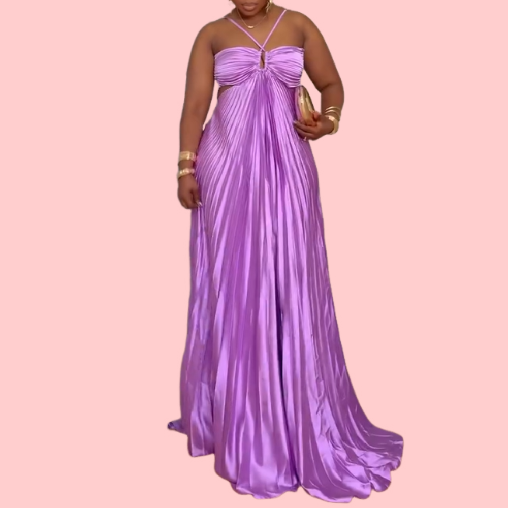 Purple Pleated Halter Neck Maxi Dress