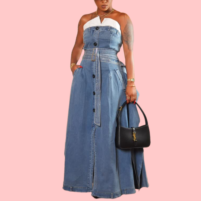 Washed Denim Single-Button Sheath Maxi Dress
