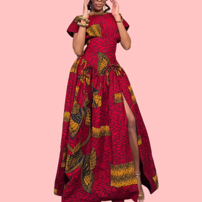 Red Floral Print Split-Hem Maxi Dress