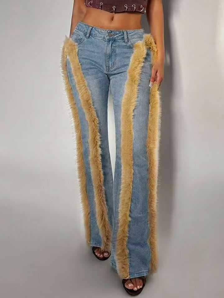 Faux Fur-Trimmed Jeans