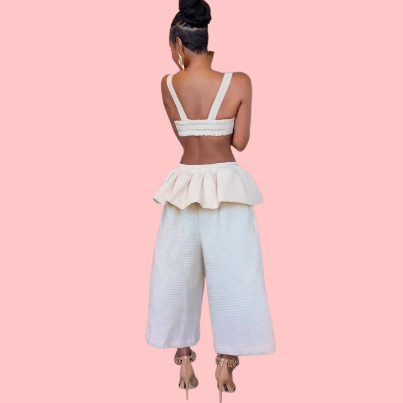 White Waffle-Weave Tank Top & Skirted Drawstring Pants Set
