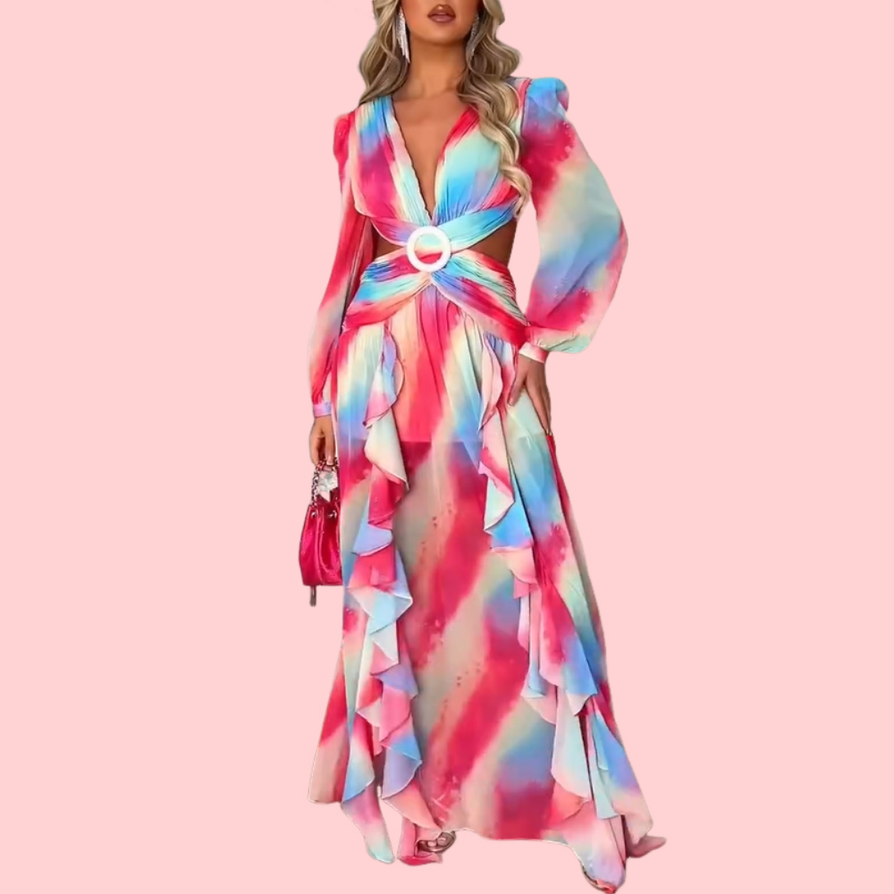 Tie-Dye V-Neck Lace-Up Maxi Dress