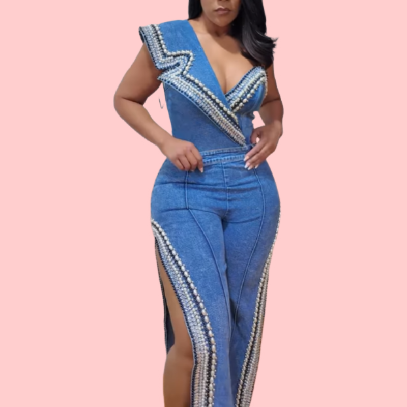 Rhinestone Pearl V-Neck Denim Top & Split Pants Set