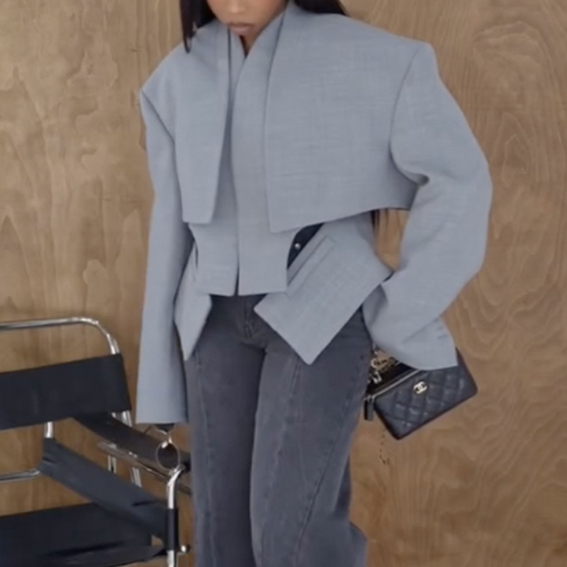 Shoulder-padded Long-Sleeve Patchwork Blazer