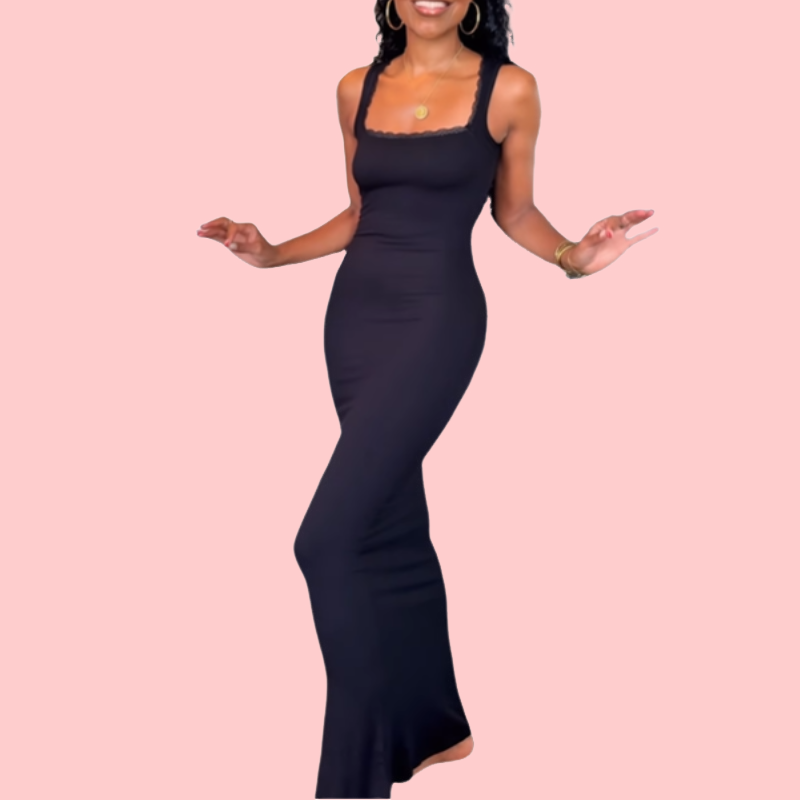 Solid Color Halter Lace Trim Maxi Dress