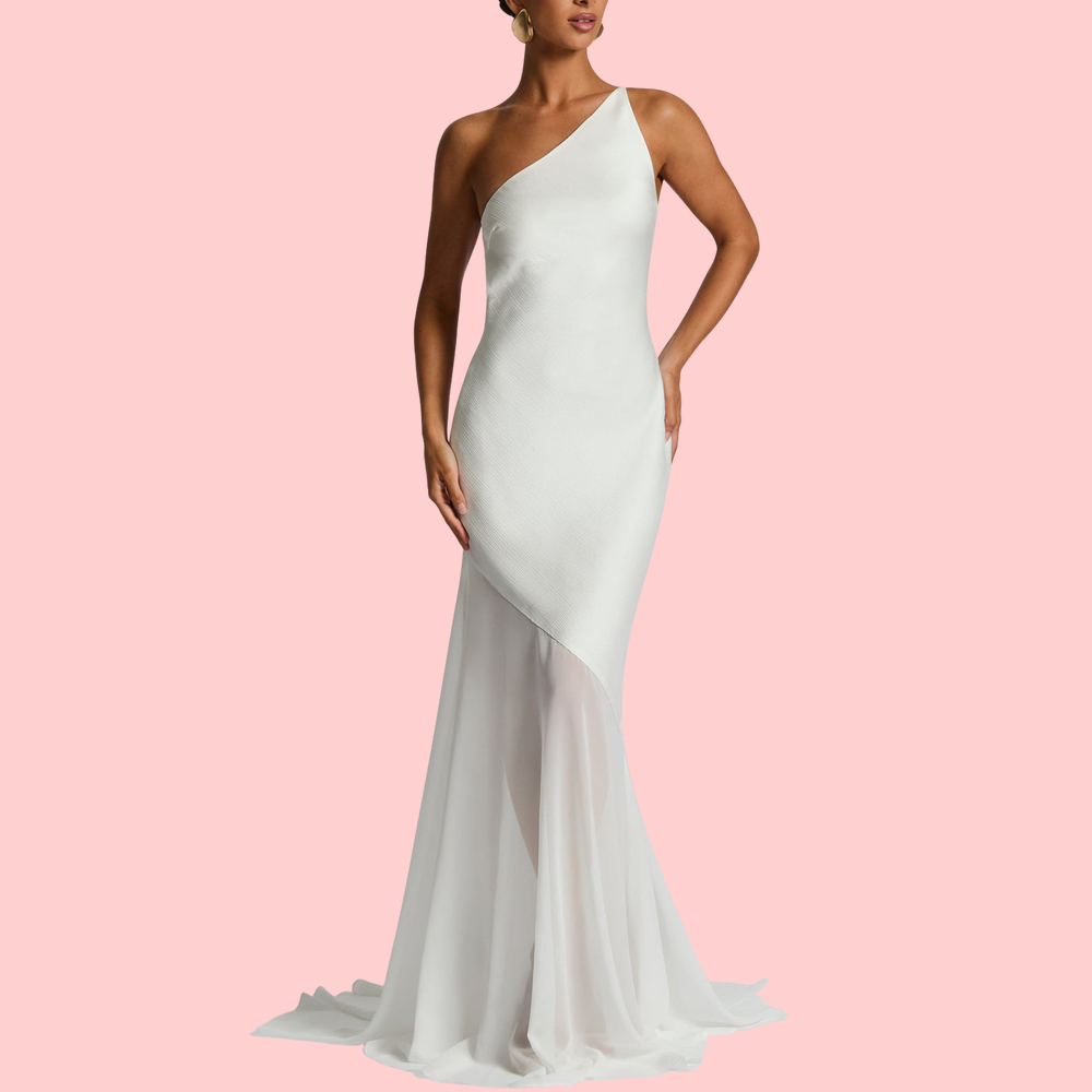 Solid-Color Off-Shoulder Mesh Panel Maxi Dress