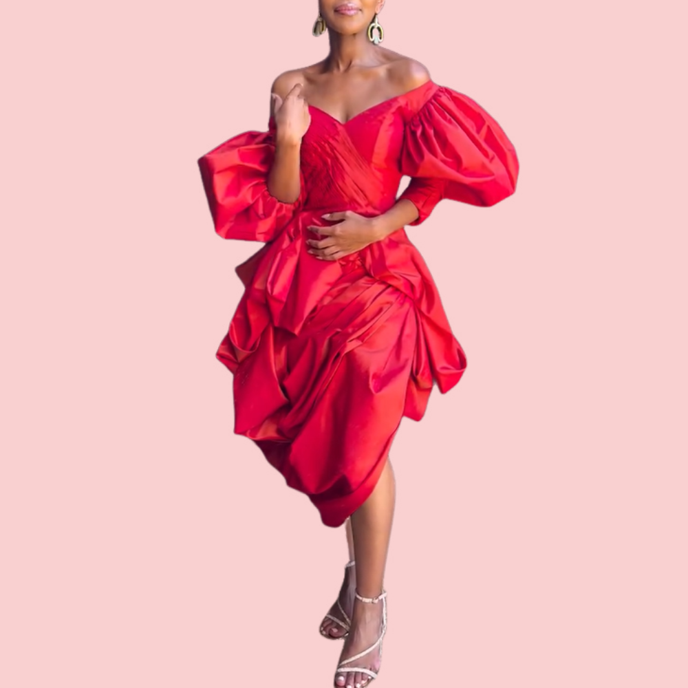 Red V-neck Puff Sleeve Midi Dress