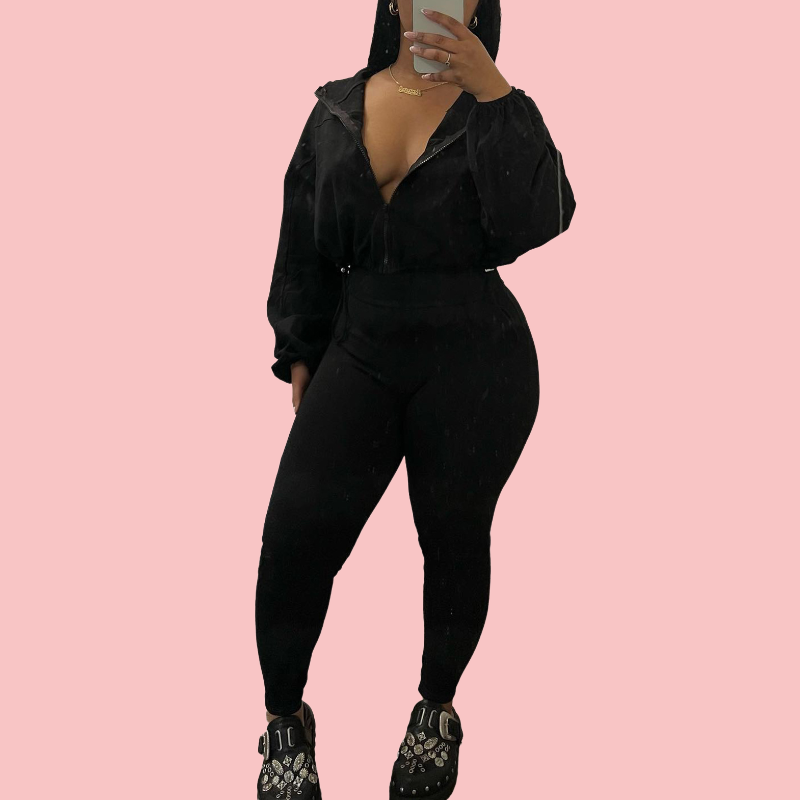 Zipper Drawstring Jacket & Skinny Pants Set