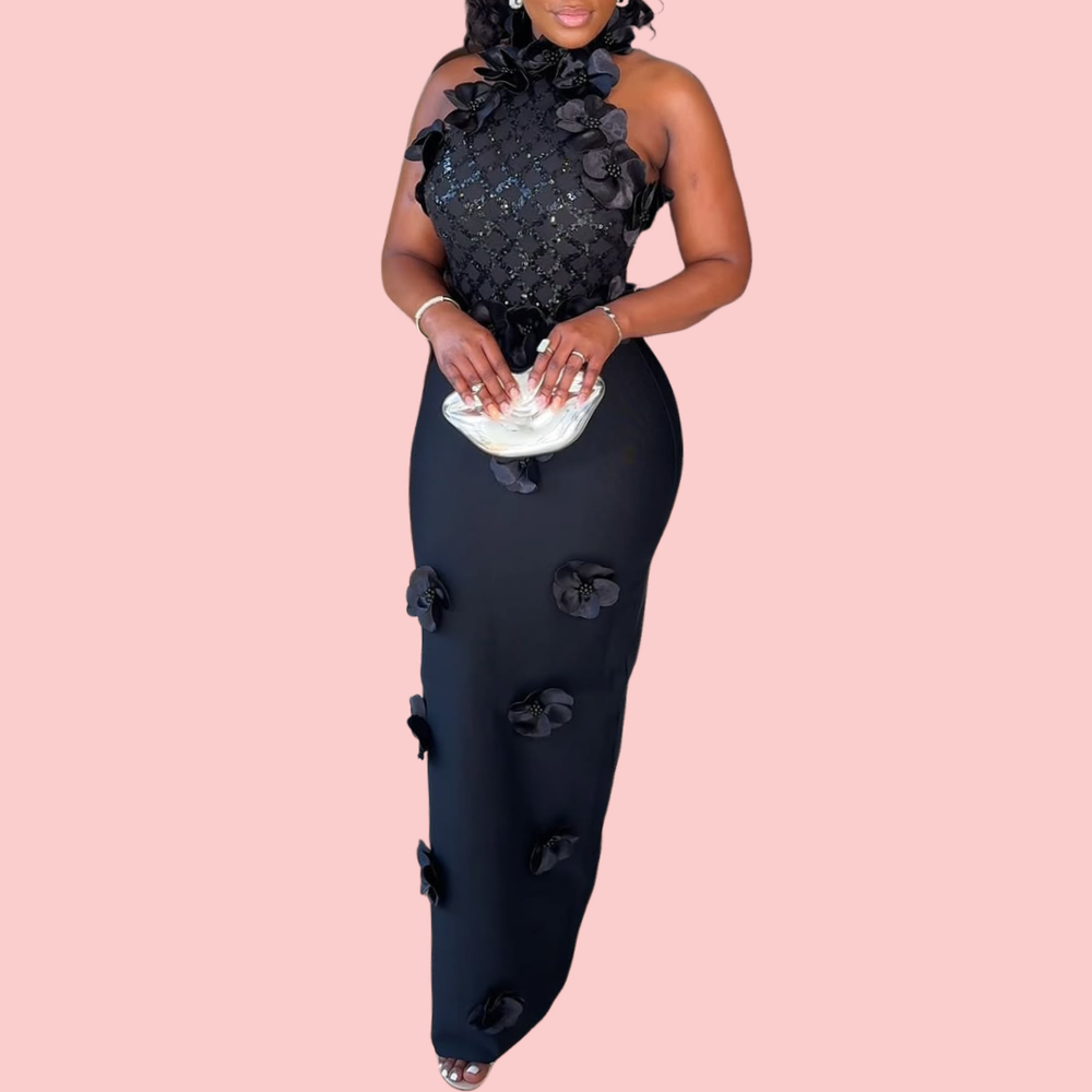 Black Floral Embroidered Halter Maxi Dress