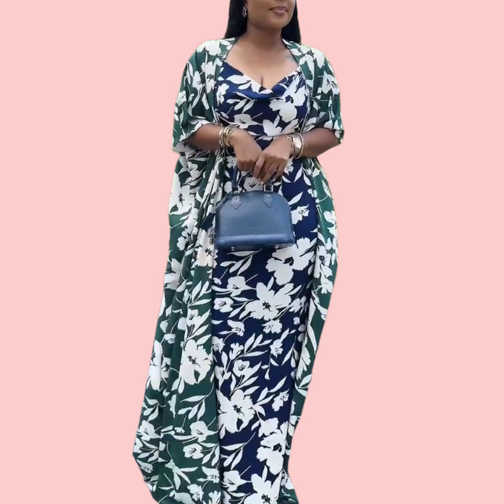 Blue Floral Print Maxi Dress & Green Floral Shawl Set