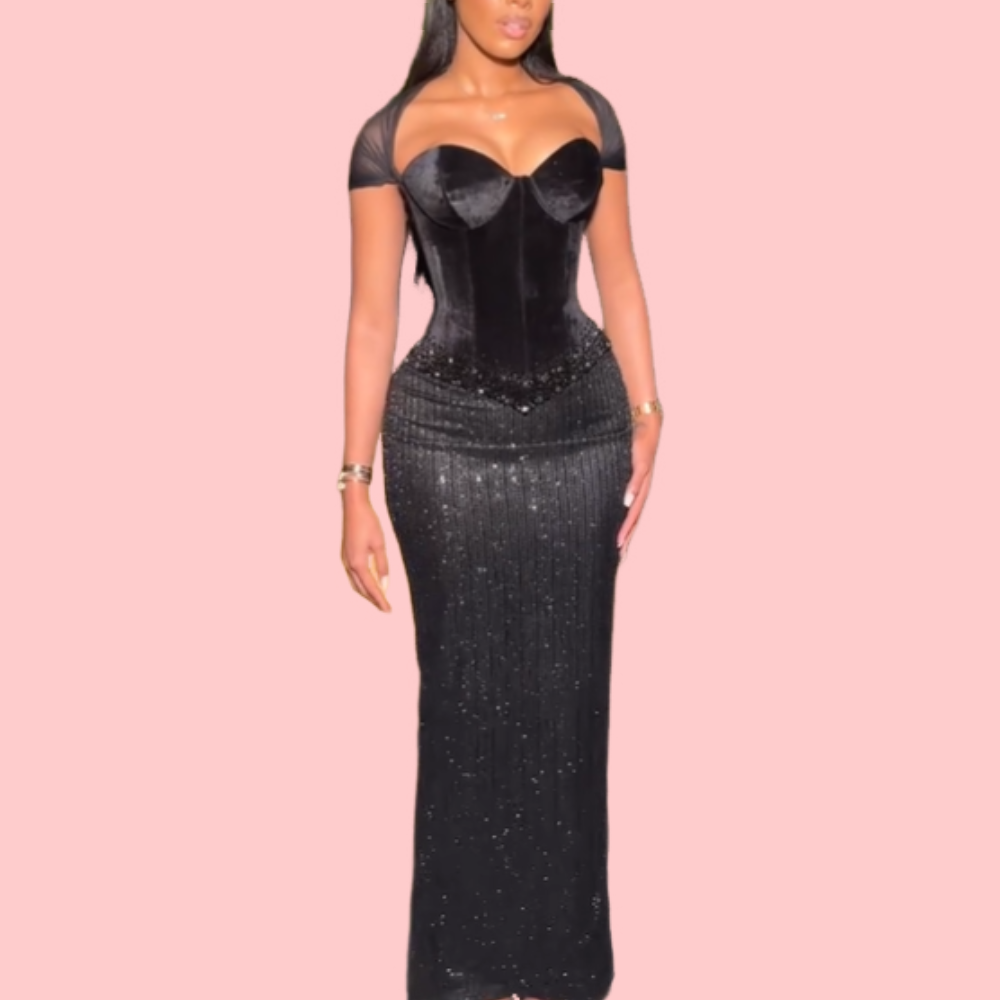 Black Rhinestone Strapless Maxi Dress