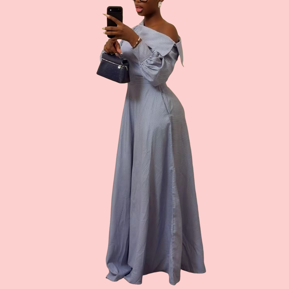 Blue Striped One-Shoulder Maxi Dress
