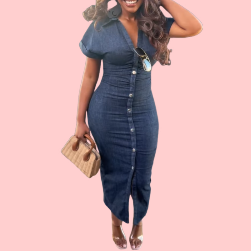 Denim Short Sleeve Button Maxi Dress