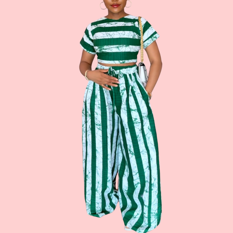 White and Green Striped Printed Two-Piece Set