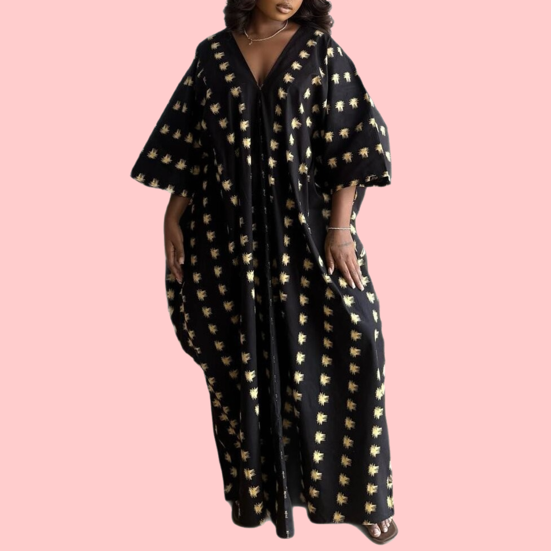 V-Neck Elegant Contrast-Color Batwing Sleeve Maxi Dress