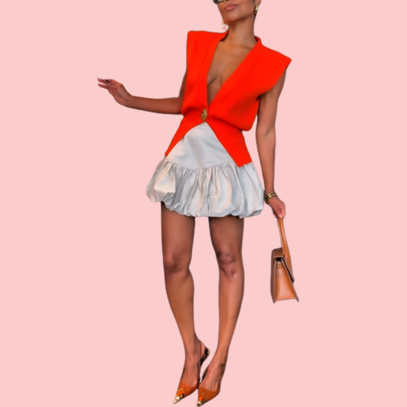 Sleeveless V-Neck Knit Top & Pleated Skirt Set