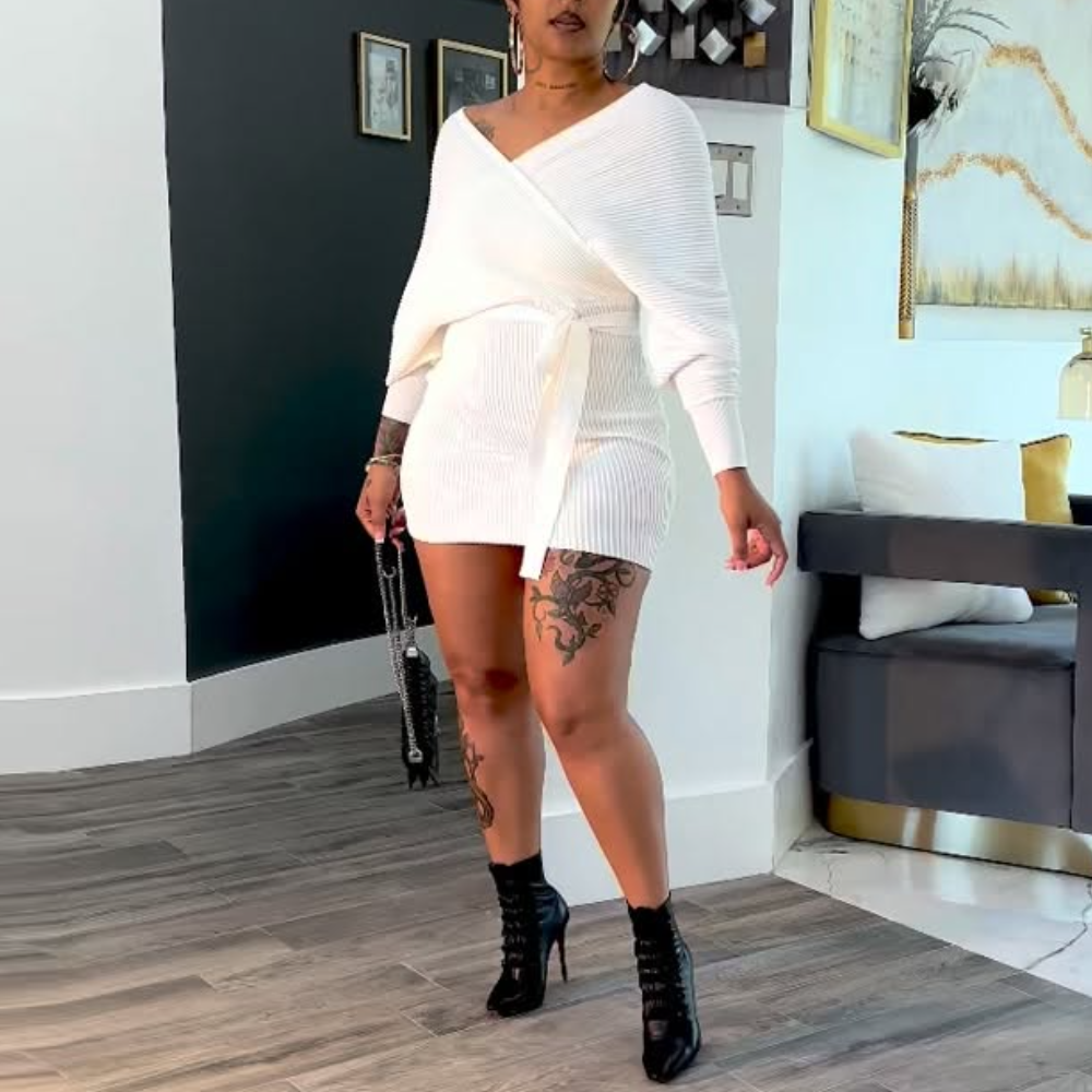 White V-Neck Knit Tie-Waist Dress