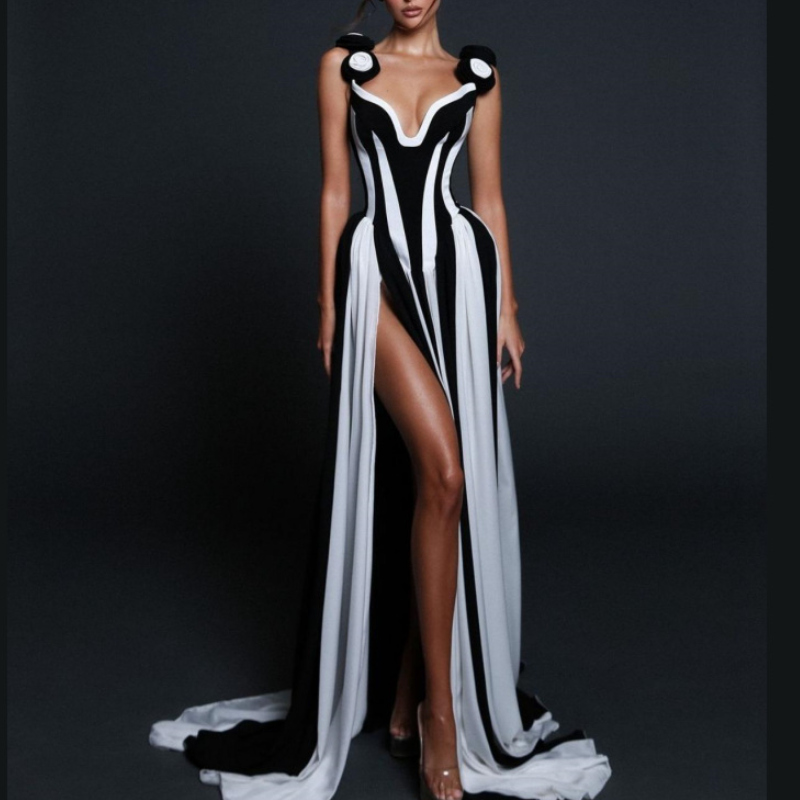 Black and White Colorblocked Floral Split Maxi Dress