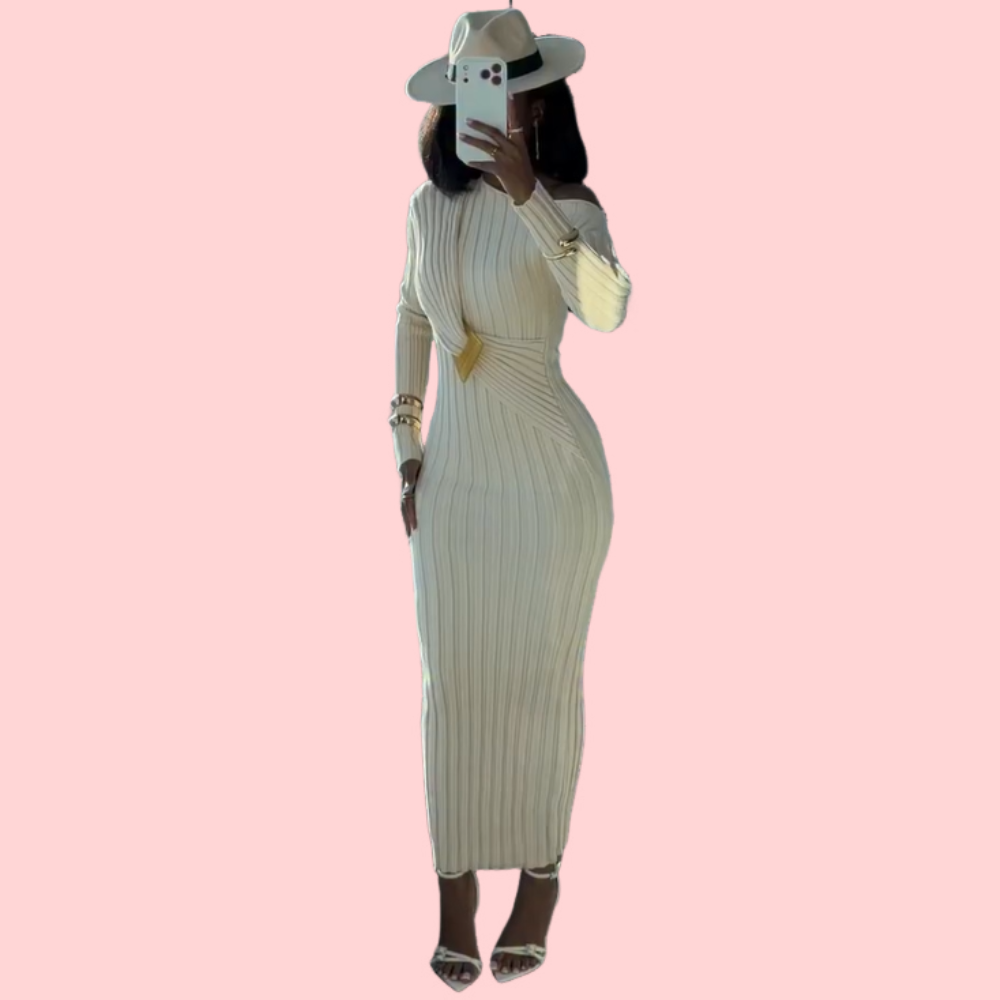 White Knit Off-the-Shoulder Maxi Dress