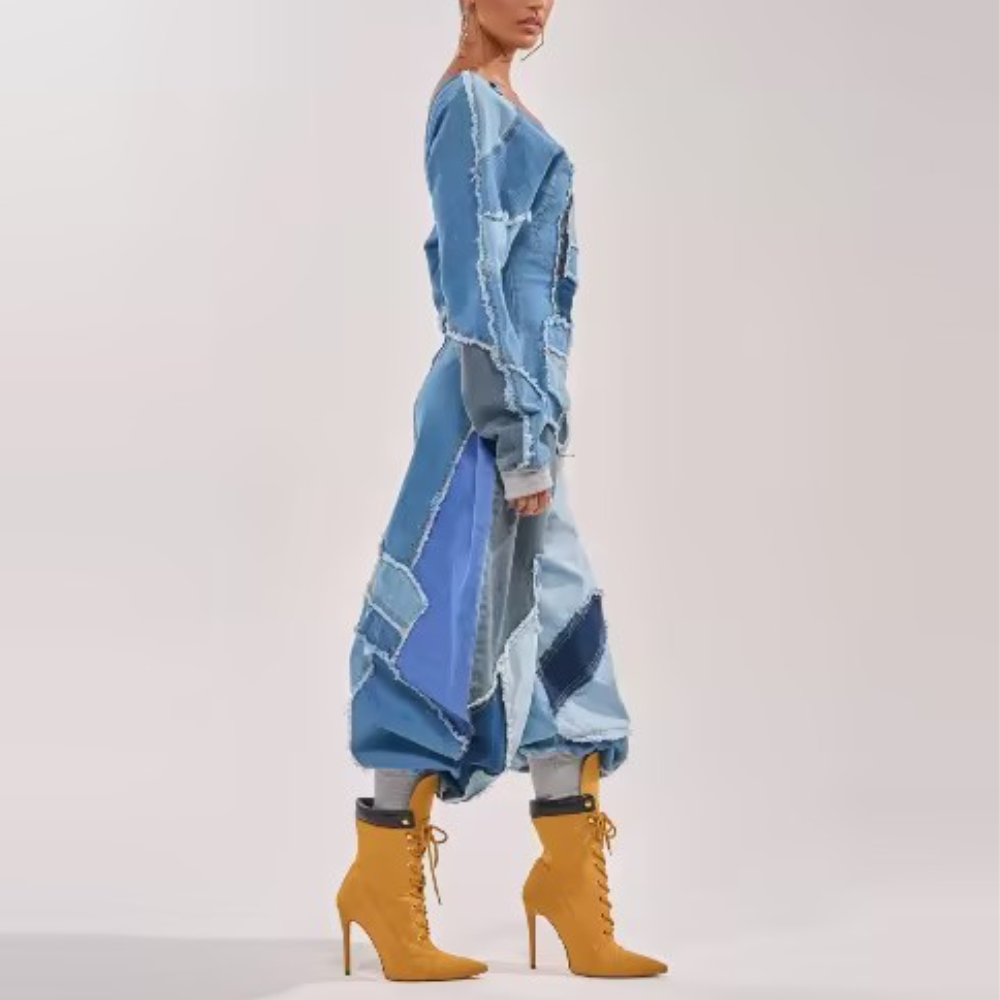COMFY COZY JUMPSUIT IN DENIM PATCHWORK
