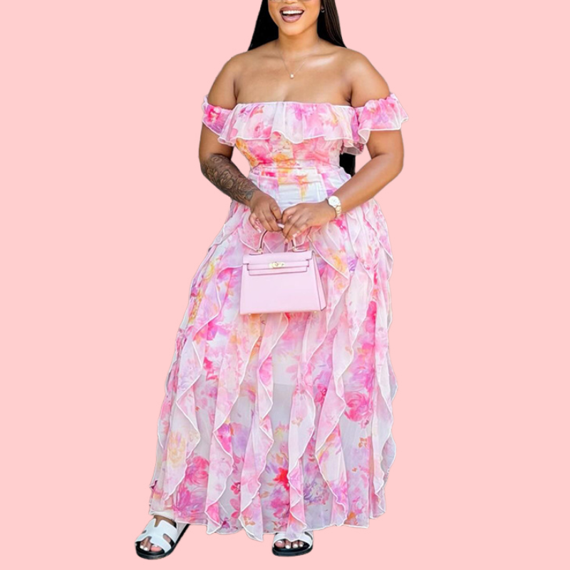 Pink Off-the-Shoulder Ruffled Floral Maxi Dress