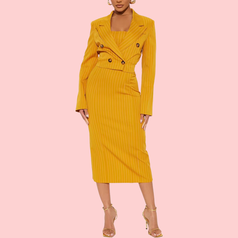 Yellow Cropped Blazer + Long Strapless Dress