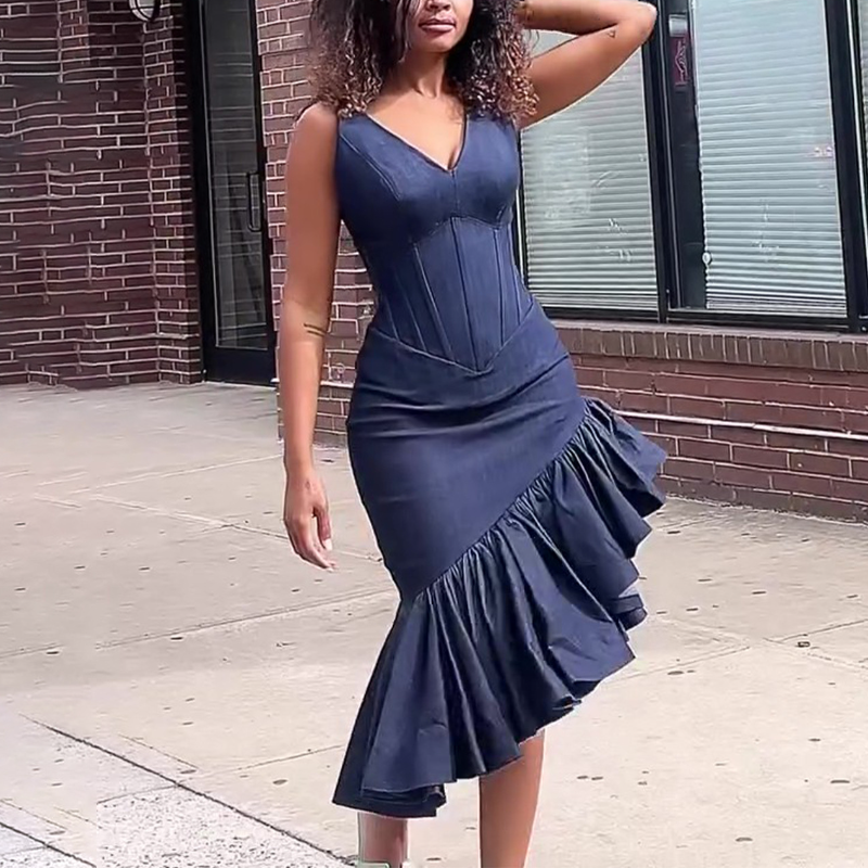 Denim V-Neck Ruffled Dress