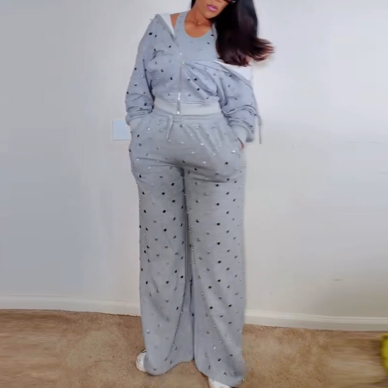 Gray Riveted Hoodie Three-Piece Set