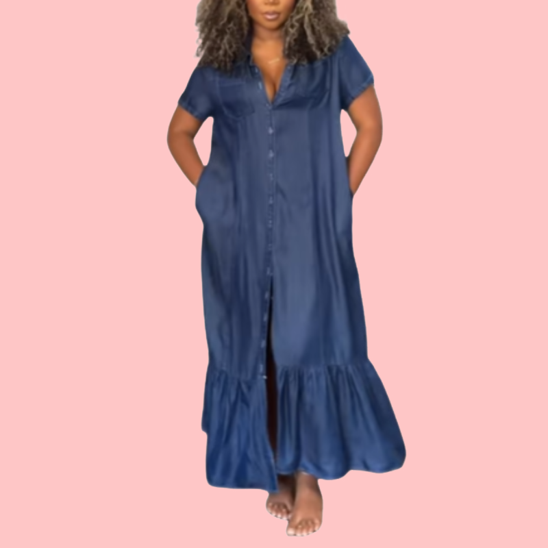 Short Sleeve Shirt Collar Button Down Maxi Dress