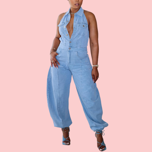 Sleeveless Denim Pocket Jumpsuit