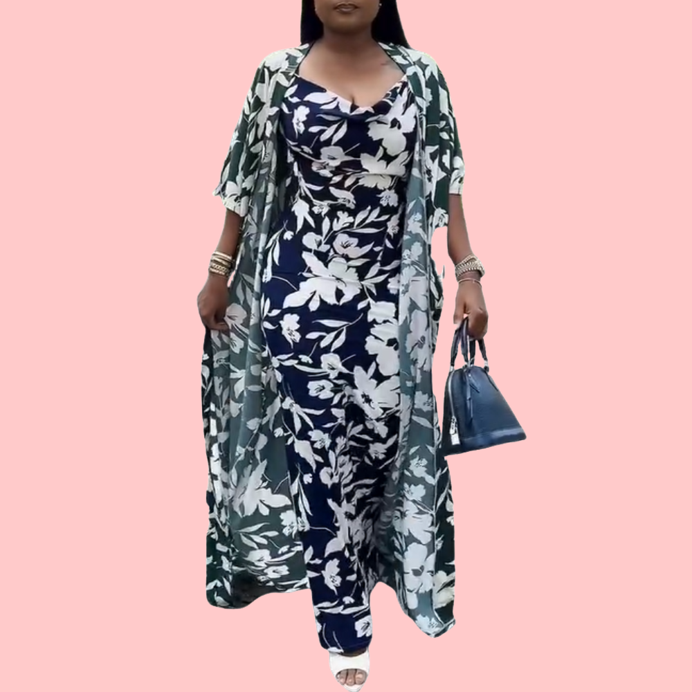 Blue Floral Print Maxi Dress & Green Floral Shawl Set