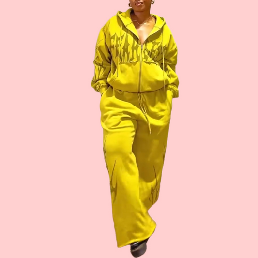 Yellow Printed Hoodie Two-Piece Set