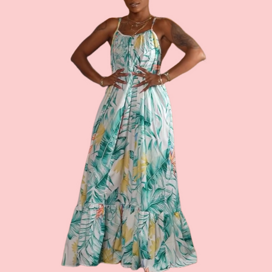 Leaf-Print Strapless Maxi Dress