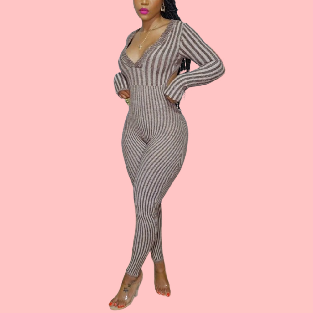 Gray Striped Knit Jumpsuit