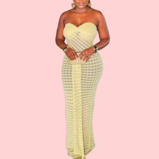 Yellow Mesh Sheath Flutter Maxi Dress