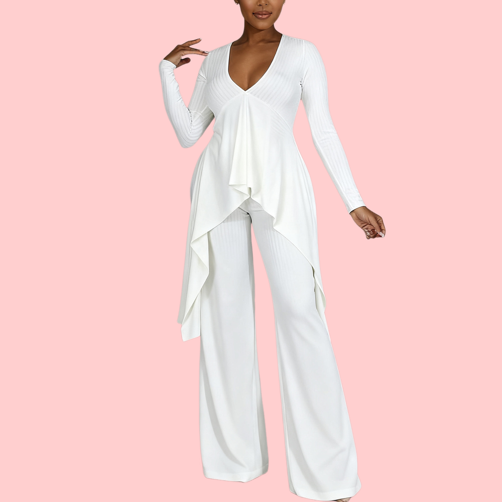 Solid-Color V-Neck Ribbon Two-Piece Set
