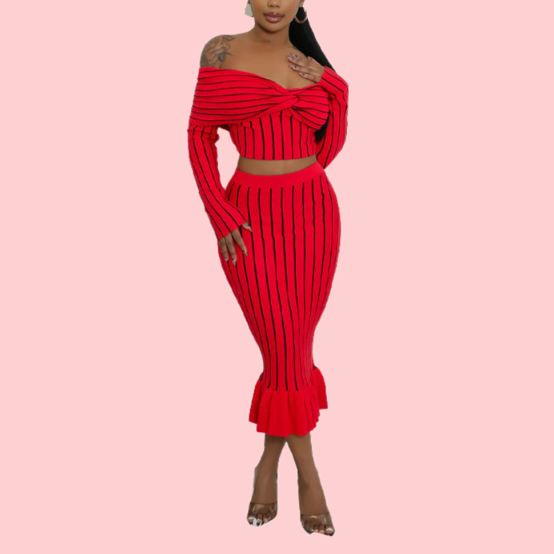 Striped Off-the-Shoulder Top & Bodycon Skirt Set