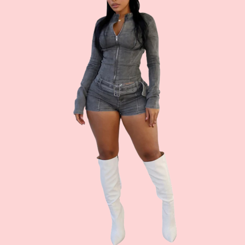 Washed Denim Zip Up Top & Shorts SET