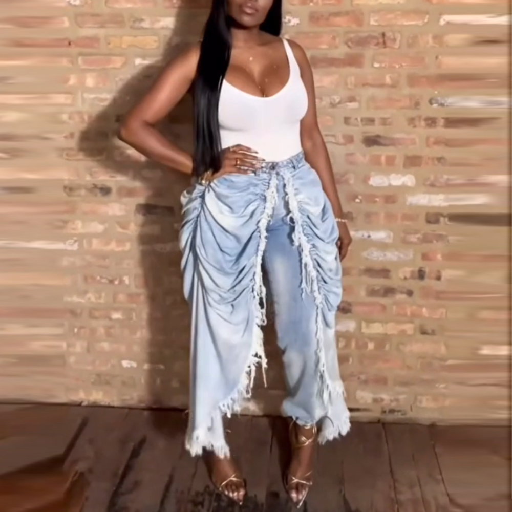 Washed Denim Flared Pants