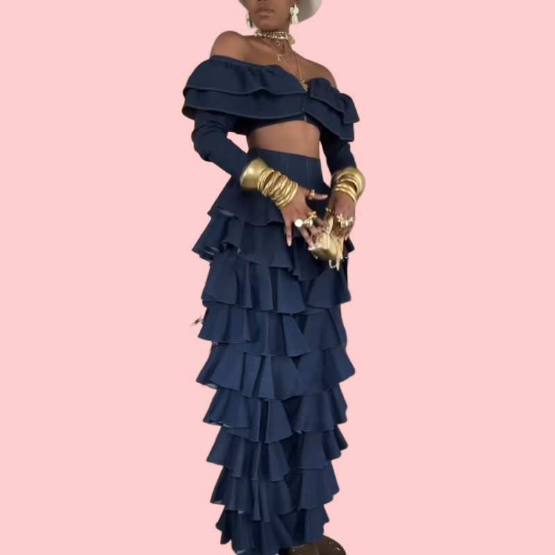 Blue Ruffle Sheath Top & Pants Set