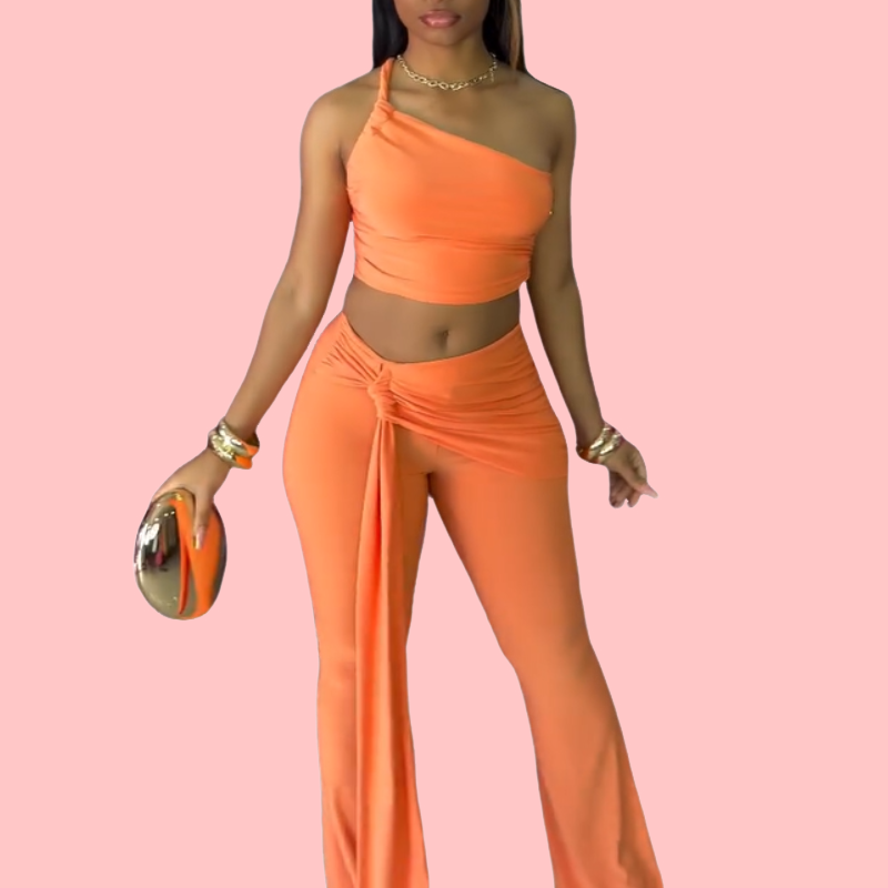 Orange One-Shoulder Top & Flowing-Tie Pants