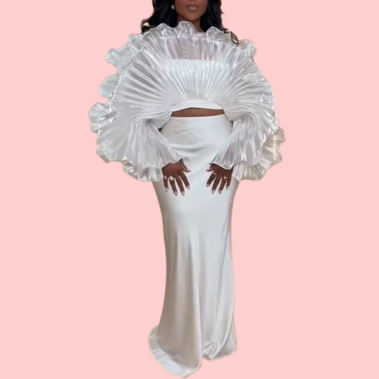 White Floral Ruffled Puffy Blouse & Skirt Set