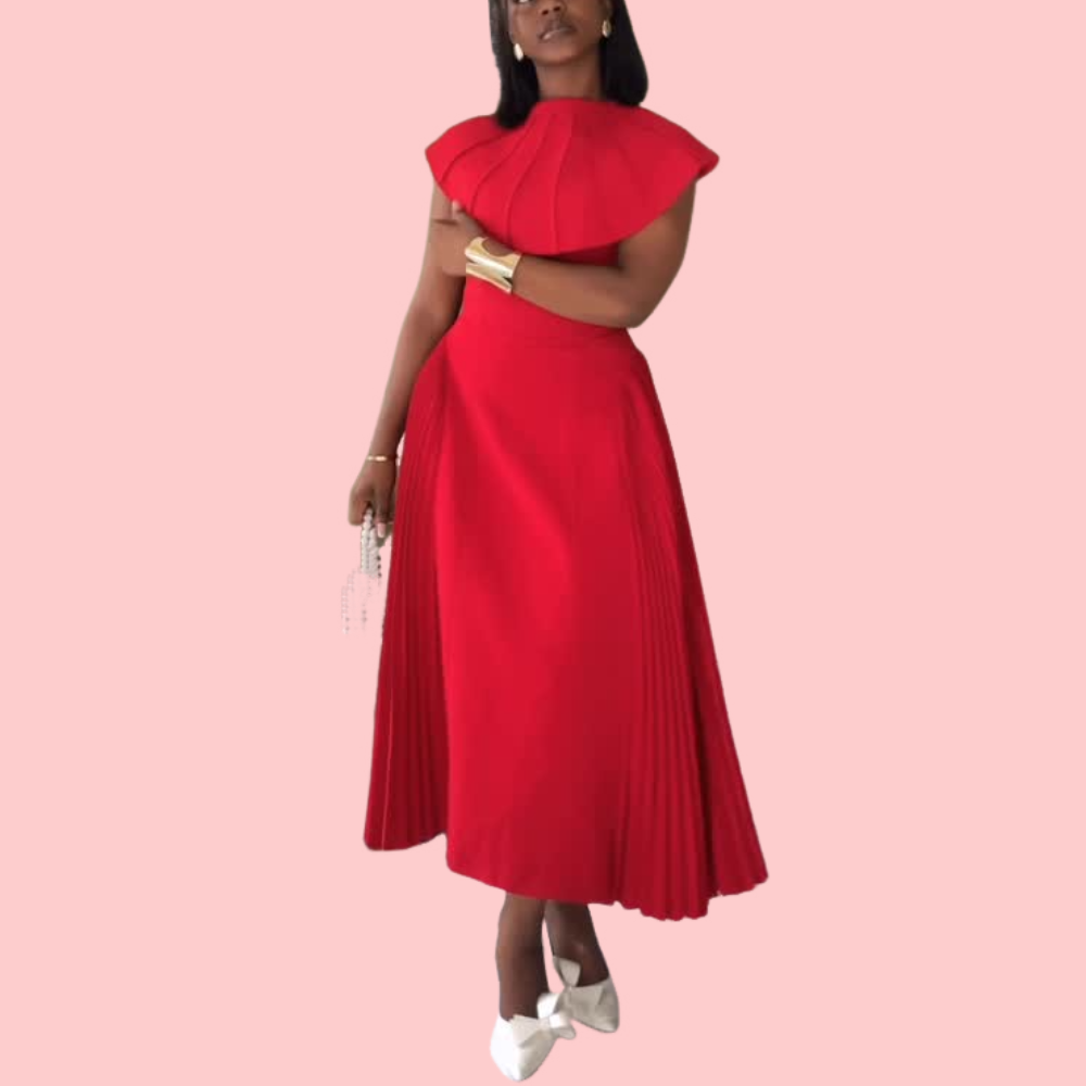 Red Pleated Strapless Dress & Shawl Set
