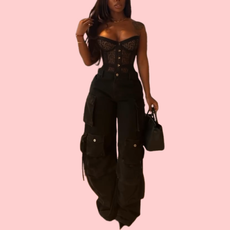 Black Lace-Up Halter Top & Pocket Workwear Pants Set