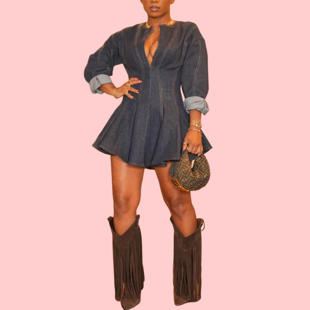 Denim V-Neck Pleated Mini Dress