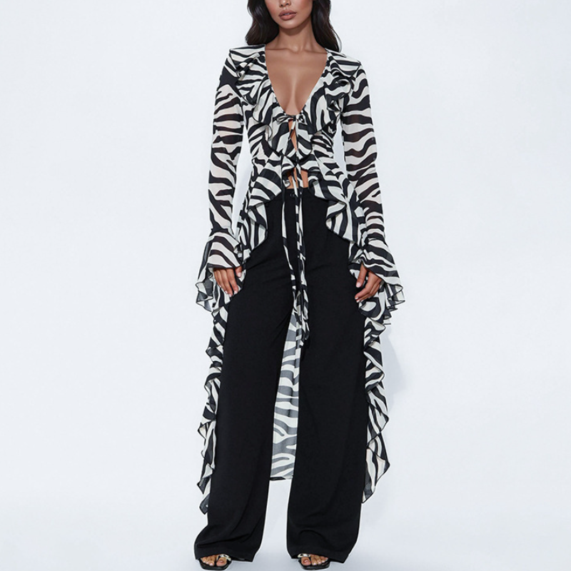Zebra-Print Tie-Front Maxi Blouse