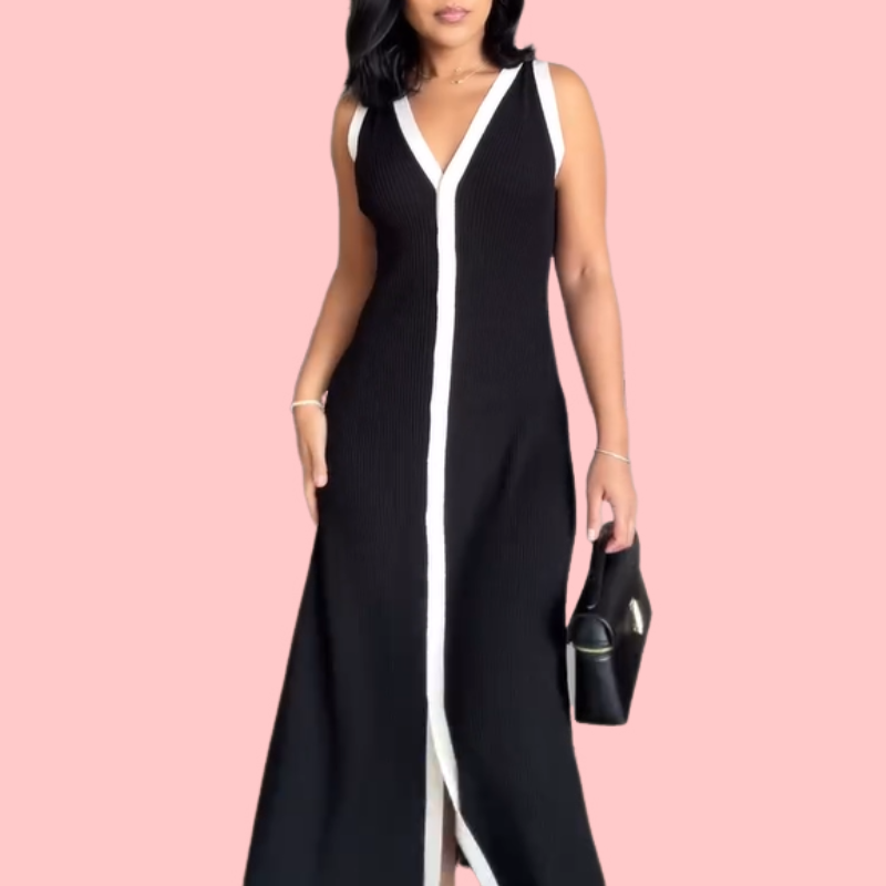 Black & White Patchwork V-Neck Midi Dress