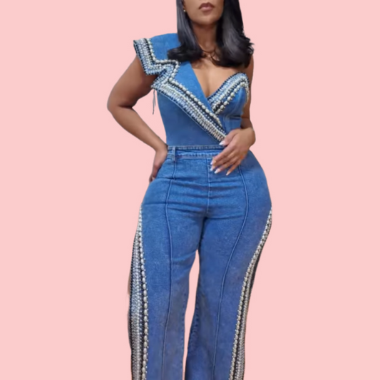 Rhinestone Pearl V-Neck Denim Top & Split Pants Set