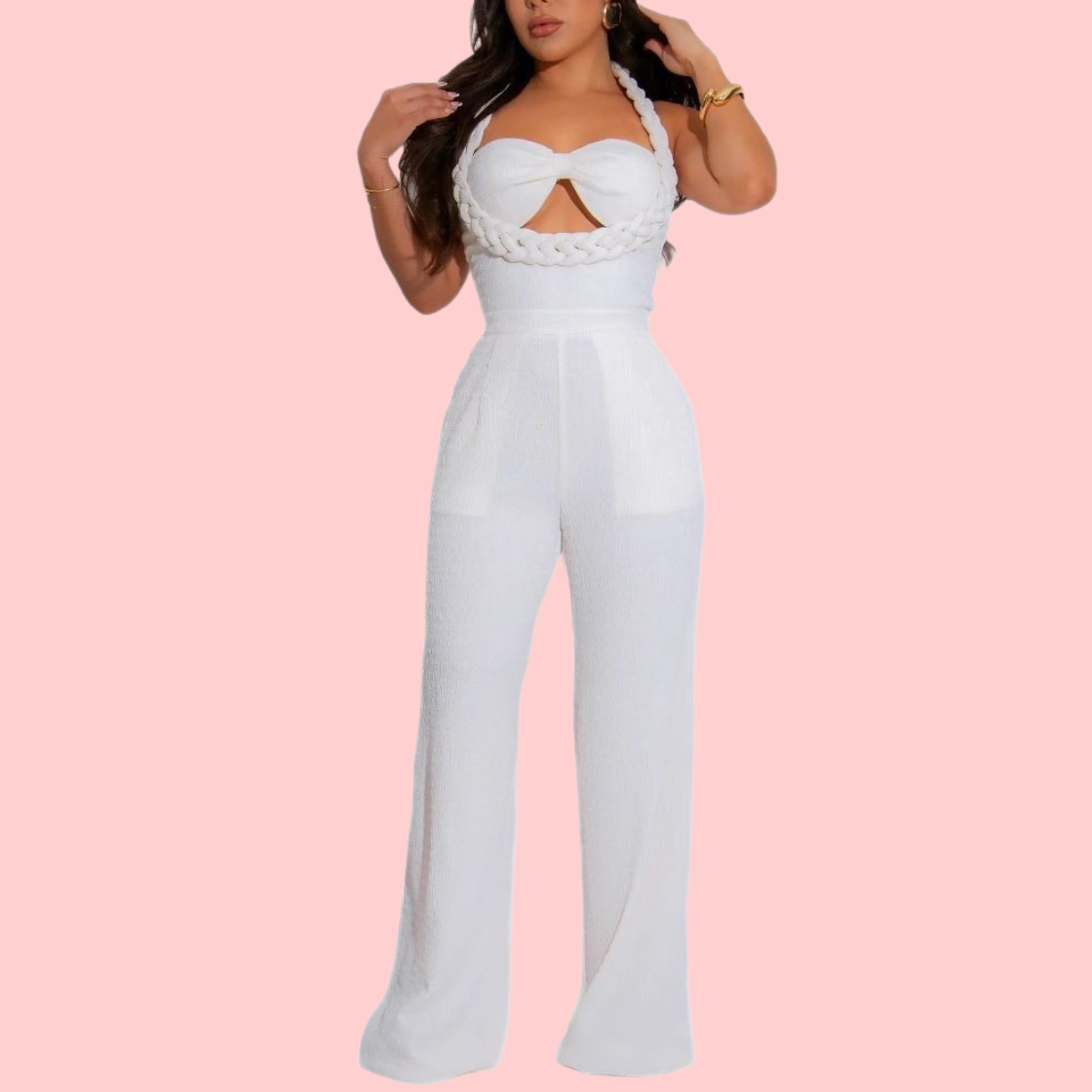 Solid Color Woven Hollow Out Jumpsuit